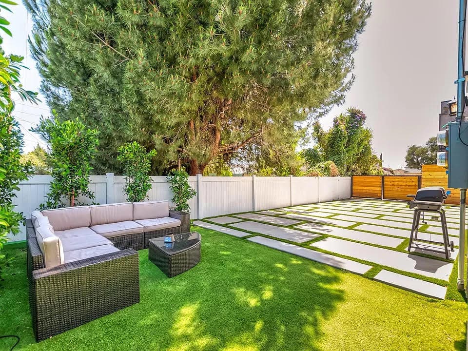 Peaceful garden seating area at a California treatment home